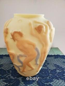 Consolidated Phoenix Deco Art Glass Nude Cameo Tri-color Satin Custard Vase