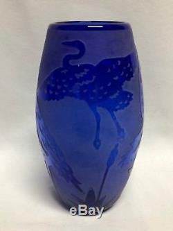 Correia Art Glass Blue Cameo Etched Crane Birds Vase 7.5 Limited Edition 28/125