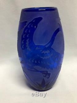 Correia Art Glass Blue Cameo Etched Crane Birds Vase 7.5 Limited Edition 28/125