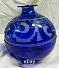 Correia Signed, Large Art Glass Vase, Cobalt Blue Cut Back Cameo Limit. #