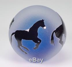 Correia Studio Art Glass Paperweight Blue Center Shadow Cameo Horses