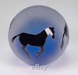 Correia Studio Art Glass Paperweight Blue Center Shadow Cameo Horses