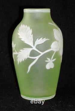 Czech art glass white opaque cut to yellow vaseline hand carved cameo vase