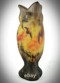 DAUM NANCY Art Nouveau cameo glass vase acid etched BATS'/'CHAUVES SOURIS