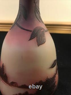 D'ARGENTAL French Acid Etched Cameo Glass Vase Saint Louis Lake Scene Leaves