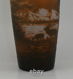 D'Argental French Cameo Art Glass Vase with Elk Scene