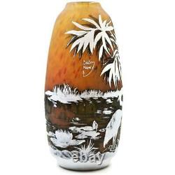 Daum Nancy Art Glass, Lake or Pond Cameo & Enamel Landscape Vase, 12 Tall