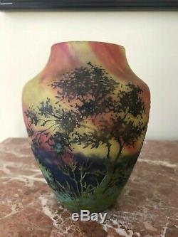 Daum Nancy Cameo Glass Scenic Forest Vase on Mottled Background Signed