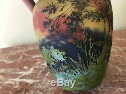 Daum Nancy Cameo Glass Scenic Forest Vase on Mottled Background Signed