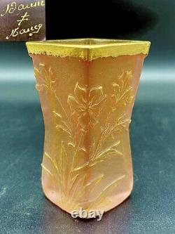 Daum Nancy Flower Vase Clematis Design Gold Gibre Cameo Glass Art Genuine