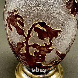 Daum Nancy Karakusa Pattern Gold Gibre Flower Vase Cameo Glass Art Genuine Galle