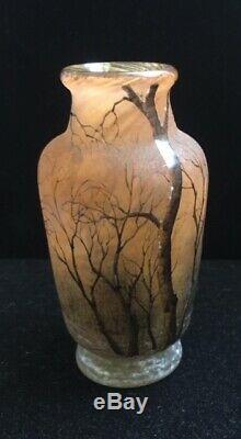 Daum Nancy Miniature Cabinet Vase 3 3/4 Tall Cameo Glass Trees Design Signed