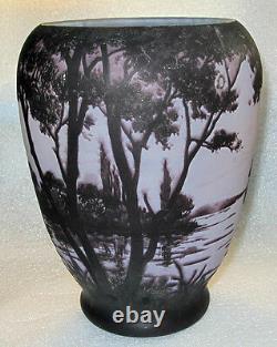 Daum, Nancy signed acid etched cameo glass vase moonlight landscape, 8 3/4 H