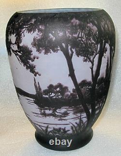 Daum, Nancy signed acid etched cameo glass vase moonlight landscape, 8 3/4 H
