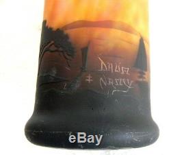 Daum Nancy vintage France glass cameo vase w trees lake boats marked