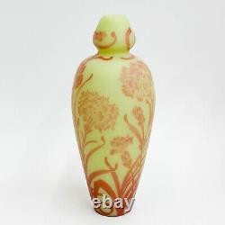 De Vez French Acid Etched Cameo Art Glass Vase Yellow Red Carnations c 1910