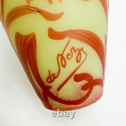 De Vez French Acid Etched Cameo Art Glass Vase Yellow Red Carnations c 1910