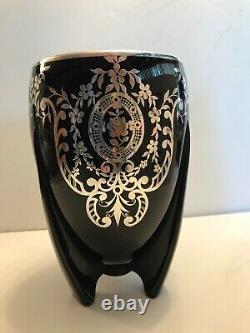 Duncan Miller Black Glass Rocket Vase With Beautiful Rose Cameo Floral Silver