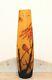 E Galle Art Nouveau, 16 Amber Cameo Etched Glass Vase Replica Bird with Bamboo