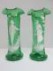 Elegant Pair of MARY GREGORY Cameo Vases Victorian EXCELLENT Green Art Glass