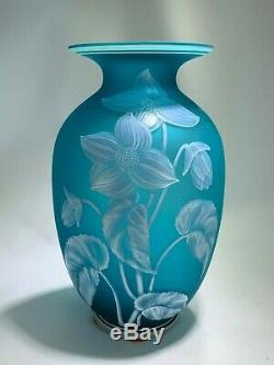 Elegant Vintage Fenton Blue Aqua Cameo White Flower Vase