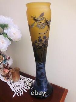 Emelio Galle Cameo Glass Vase Landscape Dragonflies lily pads? Lg 24 Amber