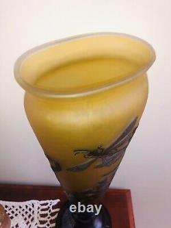 Emelio Galle Cameo Glass Vase Landscape Dragonflies lily pads? Lg 24 Amber