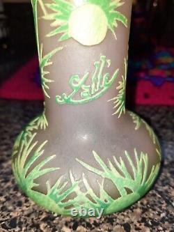 Emile Galle' 4 Layer 3 Color acid cut Pink Green Cameo Thistle Vase 12