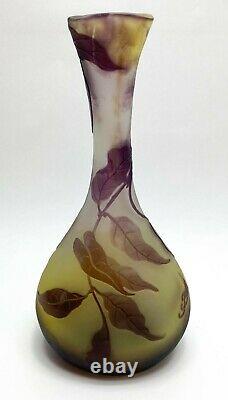 Emile Galle Acid Etched 2 Color Green & Amethyst Glass Cameo Vase c1890