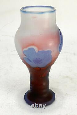 Emile Galle Acid Etched 2 Color Indigo Blue & Pink Cameo Glass Vase, circa 1890
