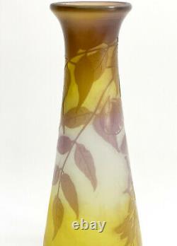 Emile Galle Acid Etched 3 Color Amethyst Yellow & White Glass Cameo Vase, c1890