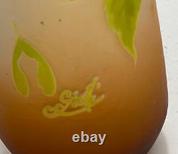 Emile Galle Acid Etched 3 Color Green, Orange, & White Glass Cameo Vase, c1880