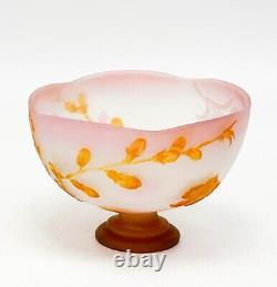 Emile Galle Acid Etched Cameo Art Glass Footed Bowl Interior Decor Pink Orange