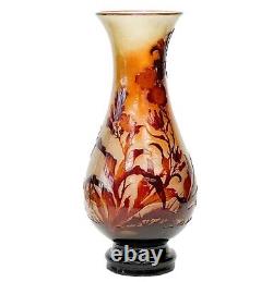 Emile Galle Acid Etched Cameo Art Nouveau Fire Polished Glass 17.75 in Vase