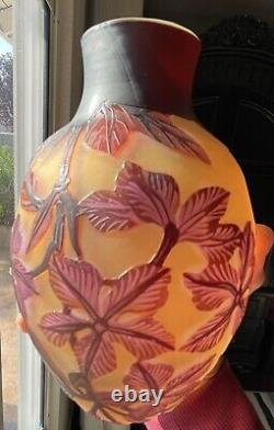 Emile Galle Acid Etched Cameo Glass Lamp Light Shade Flowers Amber Purple Red