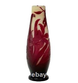 Emile Galle Acid Etched Florals Orchids 2 Layer Cameo Glass Vase Red Yellow