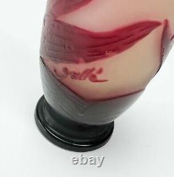 Emile Galle Acid Etched Florals Orchids 2 Layer Cameo Glass Vase Red Yellow