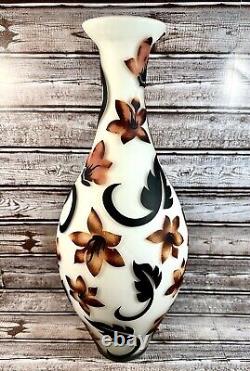 Emile Galle Art Cameo Glass Vase Frosted White with Brown/Bonze Floral Design