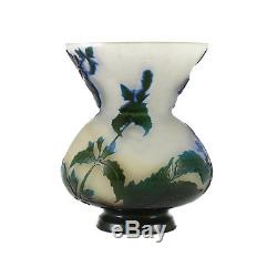 Emile Galle Art Glass Cameo Acid Etched Concaved Vase, c1900 Iris Flower in blue