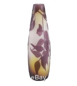 Emile Galle Art Glass Cameo Vase, Amethyst Wisteria over Clear & Yellow, c. 1900