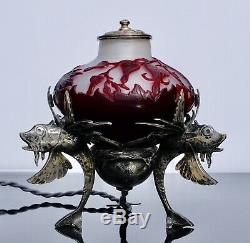 Emile Galle Cameo and Silver Fish Boudoir Lamp