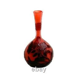 Emile Galle France Acid Etched Cameo Art Glass Banjo Vase Red Flowers