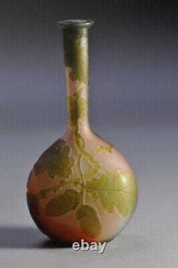 Emile Galle French Art Nouveau 3-Color Cameo Banjo Vase 6 1/2 1920's Oak/Acorn