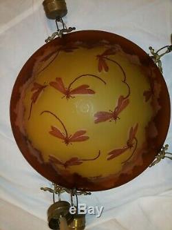 Emile Galle French Art Nouveau Etched Cameo Glass Chandelier Dragonflies Rare