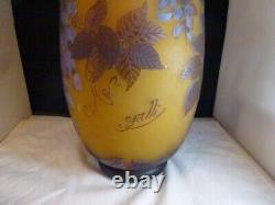 Emile Galle Mold Blown Acid Etched Cameo Glass Vase Purple Fuchsia Flowers c1890