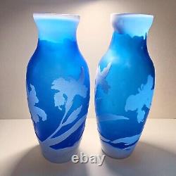 Emile Galle Reproduction Art Nouveau Blue White Floral Cameo Glass Vase Pair