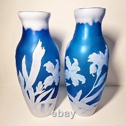 Emile Galle Reproduction Art Nouveau Blue White Floral Cameo Glass Vase Pair
