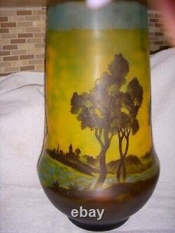 Emile Galle Style Art Nouveau Acid Etched 2 layer Cameo Art Glass Vase Sea Scape