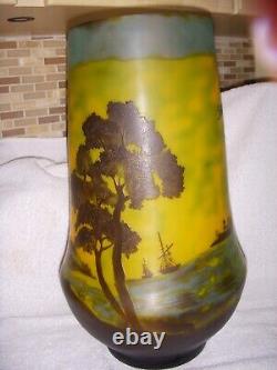 Emile Galle Style Art Nouveau Acid Etched 2 layer Cameo Art Glass Vase Sea Scape