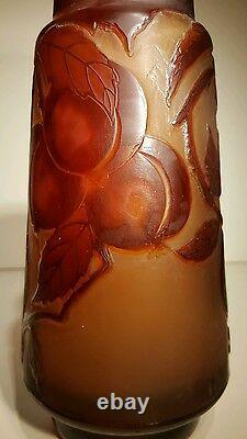 Emile Galle Style Art Nouveau Acid Etched Frosted Cameo Glass Vase Fruit Amber